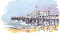 Little cafe on a beach with seagulls