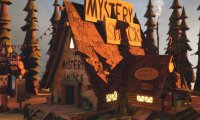 On the porch of the Mystery Shack