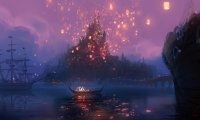 Sit in a boat on a quiet lake while lanterns float around you