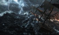 A ship is caught in the battle of the elements at sea